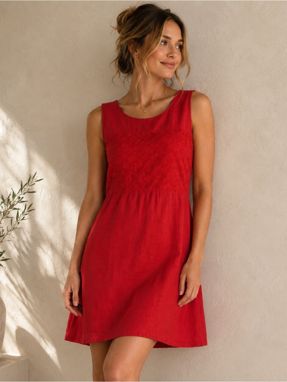 Lina Tomei Red 100% Linen Dress - Made in Italy, Sleeveless, Embroidered, Size L
